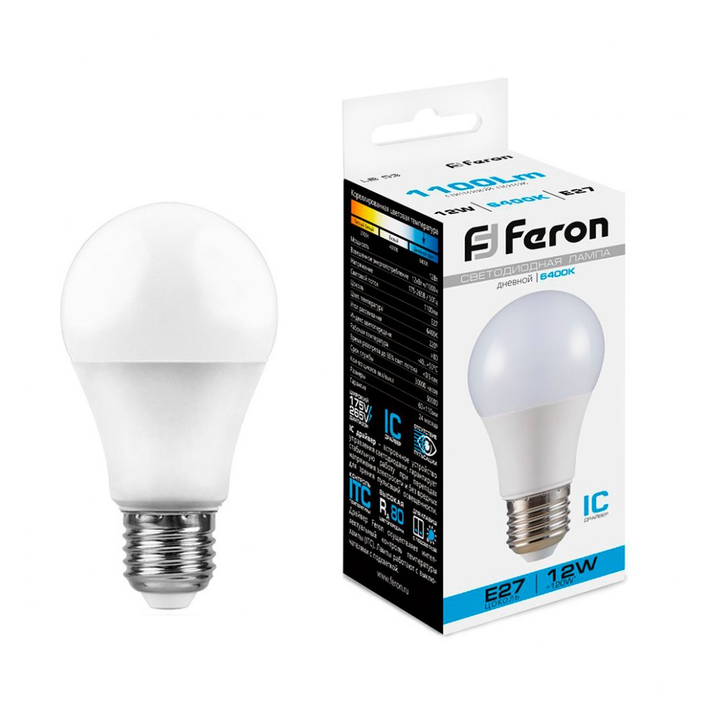 Лампа светодиодная Feron LB-93 Шар 25490, E27, 12W, 175-265V, 6400K, дневной свет