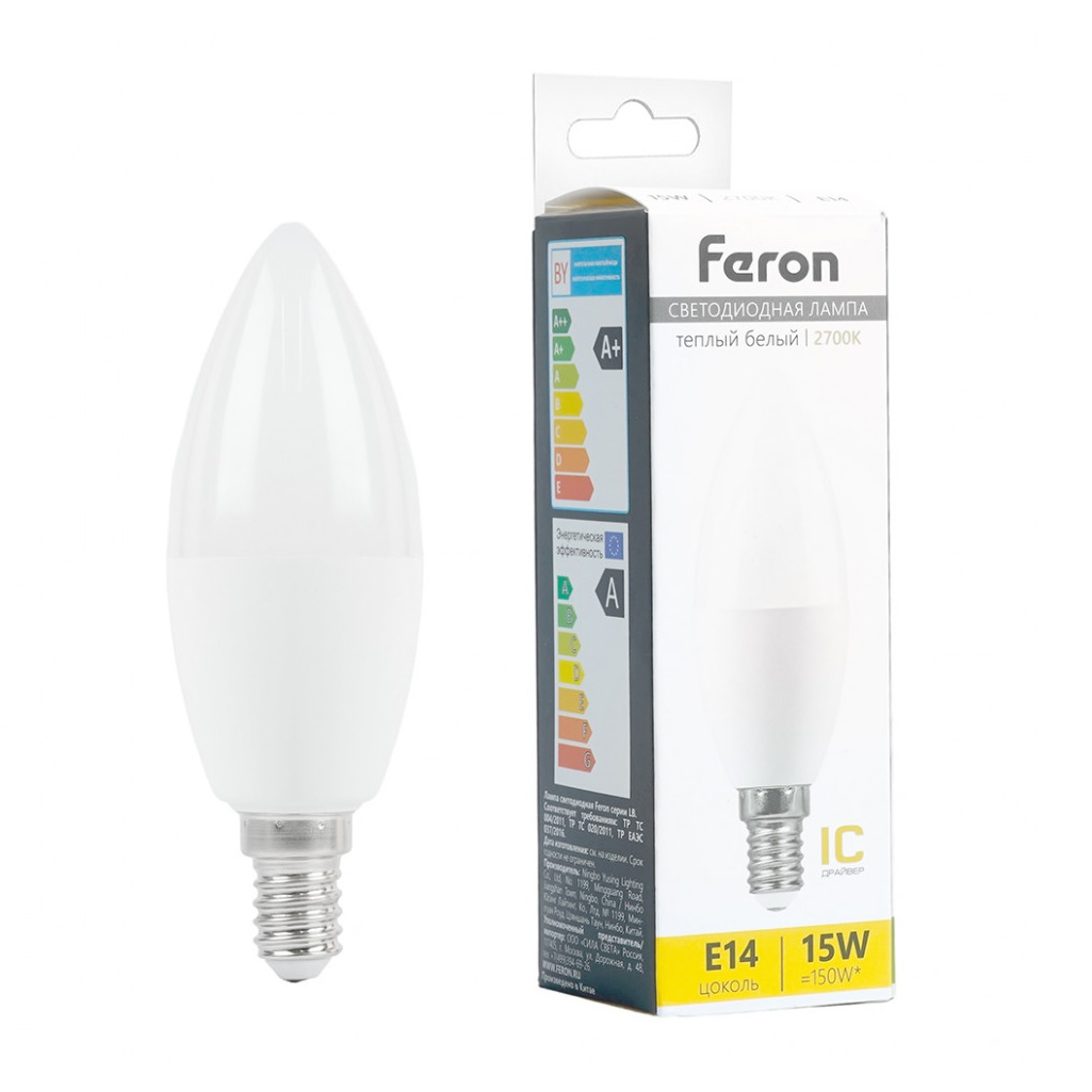 Лампа светодиодная Feron LB-980 Свеча 52072, E14, 15W, 175-265V, 2700K, теплый белый