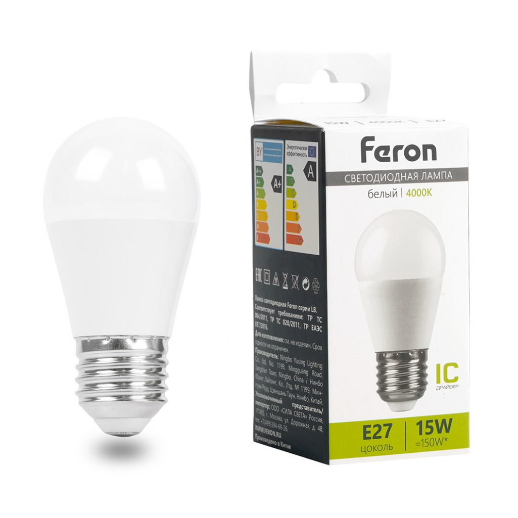 Лампа светодиодная Feron LB-990 Шарик 52077, E27, 15W, 175-265V, 4000K, белый свет