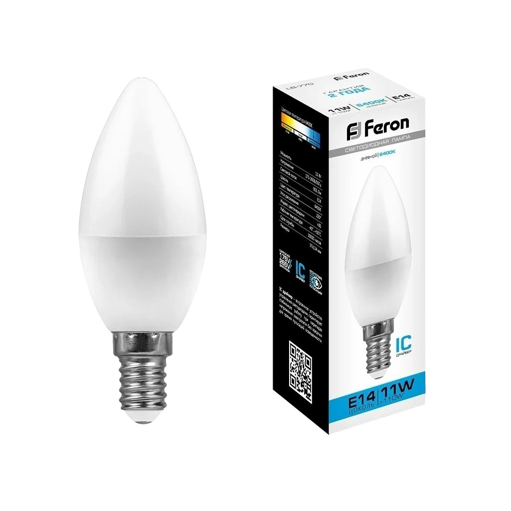 Лампа светодиодная Feron LB-770 Свеча 25943, 11W, E14, 175-265V, 6400K, холодный белый свет