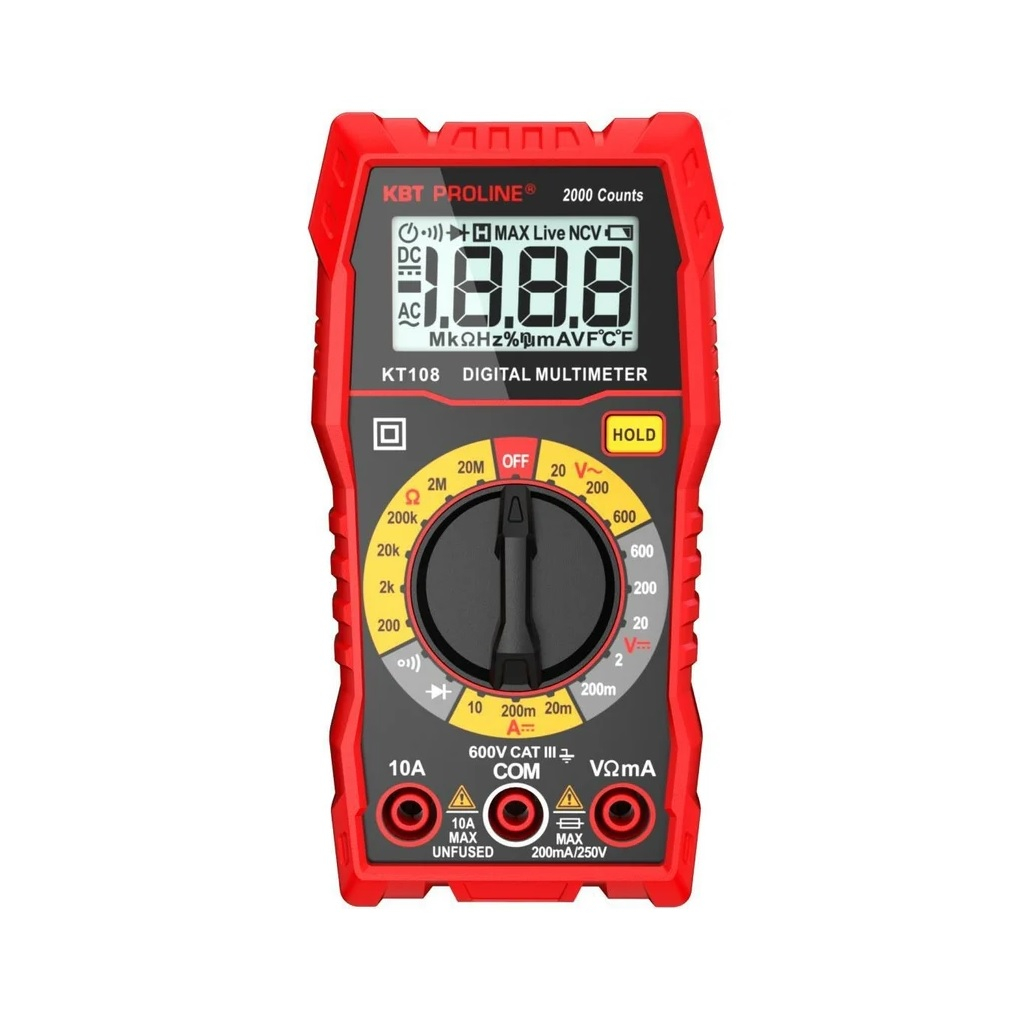 Мультиметр цифровой КВТ KT 108, 86324, серия PROLINE, 20-600 В, 10 А, полимерный кожух, подставка