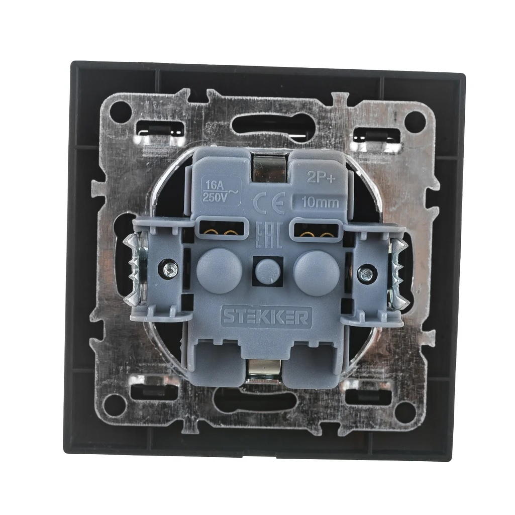 Розетка 1-местная Stekker PST16-9010-03 Эрна 39479, с заземлением, с рамкой, цвет черный 