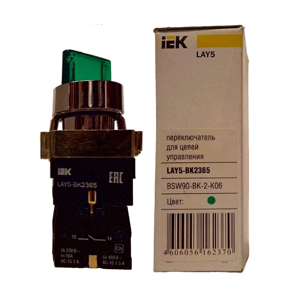 Переключатель для цепей управления IEK Karat LAY5-BK2365 BSW90-BK-2-K06, 202620, на 2 положения, 1НО+1НЗ, зеленый