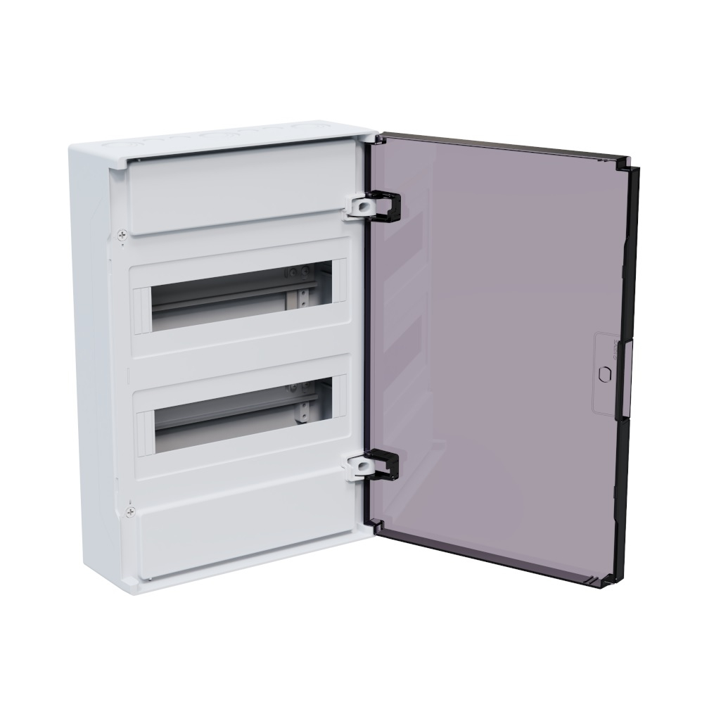 Корпус пластиковый навесной КЭАЗ OptiBox Pro 24-NKR-IP40, 379798, IP40, 24 модуля, прозрачная черная дверца