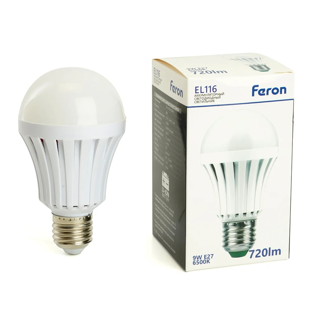 Светильник аккумуляторный Feron EL116 9W Е27 AC/DC, литий-ионная батарея, белый