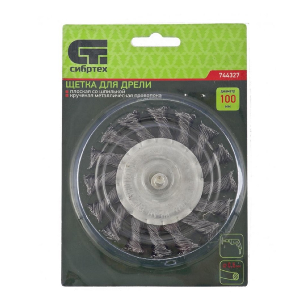 Щетка для дрели Сибртех 744327, плоская со шпилькой, 100 мм