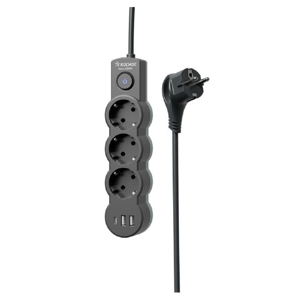 Удлинитель Космос YKsm1.5m3g-Z-VU10A-B, ПВС, с заземлением и выключателем, 3 розетки, 1.5 м, 2.2 кВт