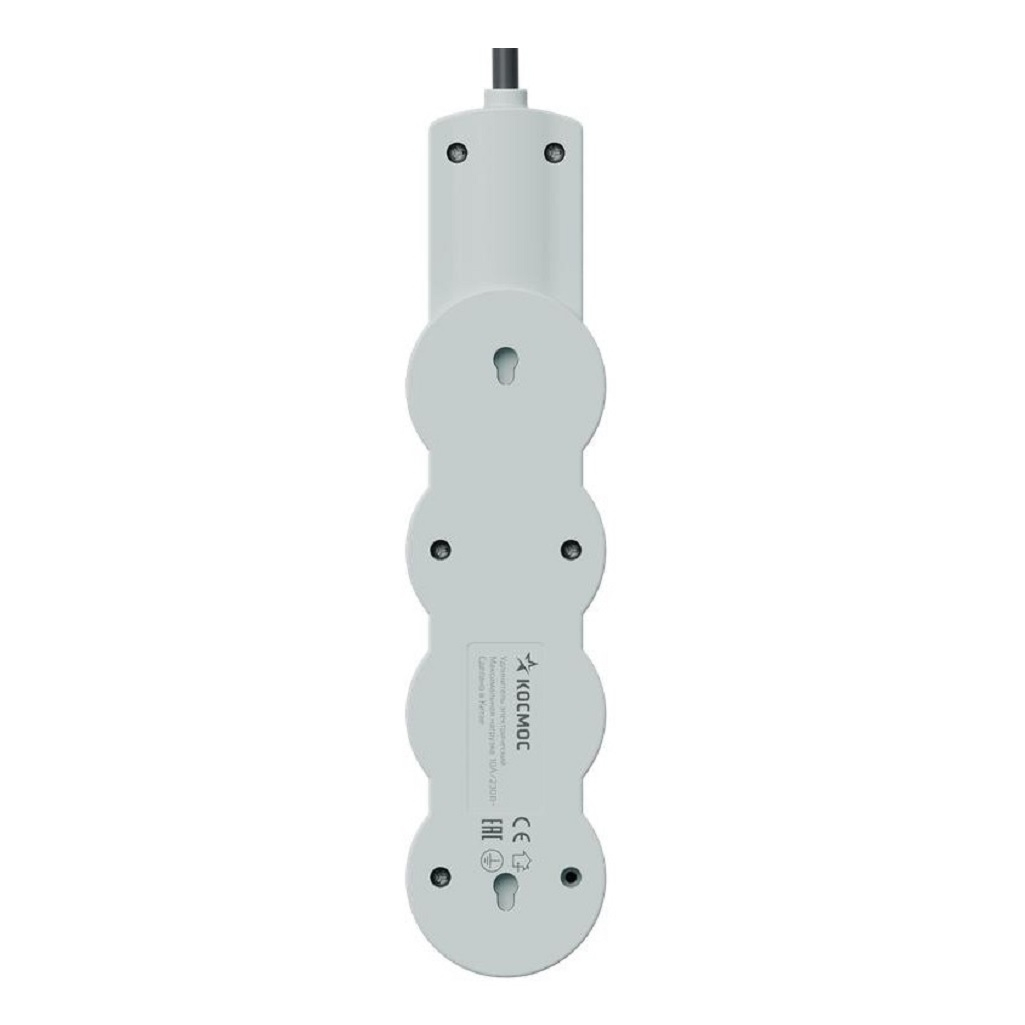 Удлинитель Космос YKsm1.5m3g-Z-VU10A-B, ПВС, с заземлением и выключателем, 3 розетки, 1.5 м, 2.2 кВт