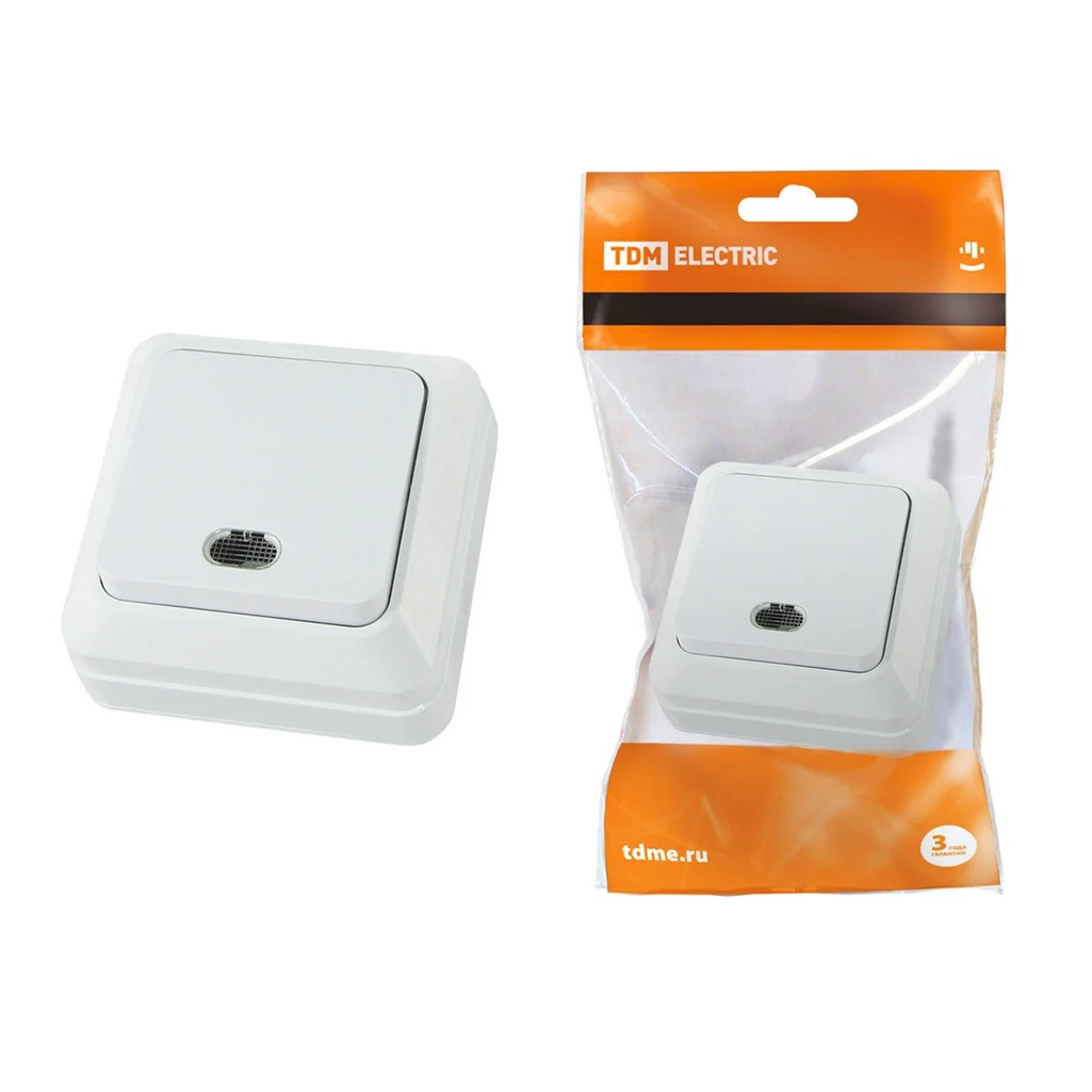 Выключатель одноклавишный с подсветкой TDM Electric Ладога SQ1801-0009 накладной,  белый