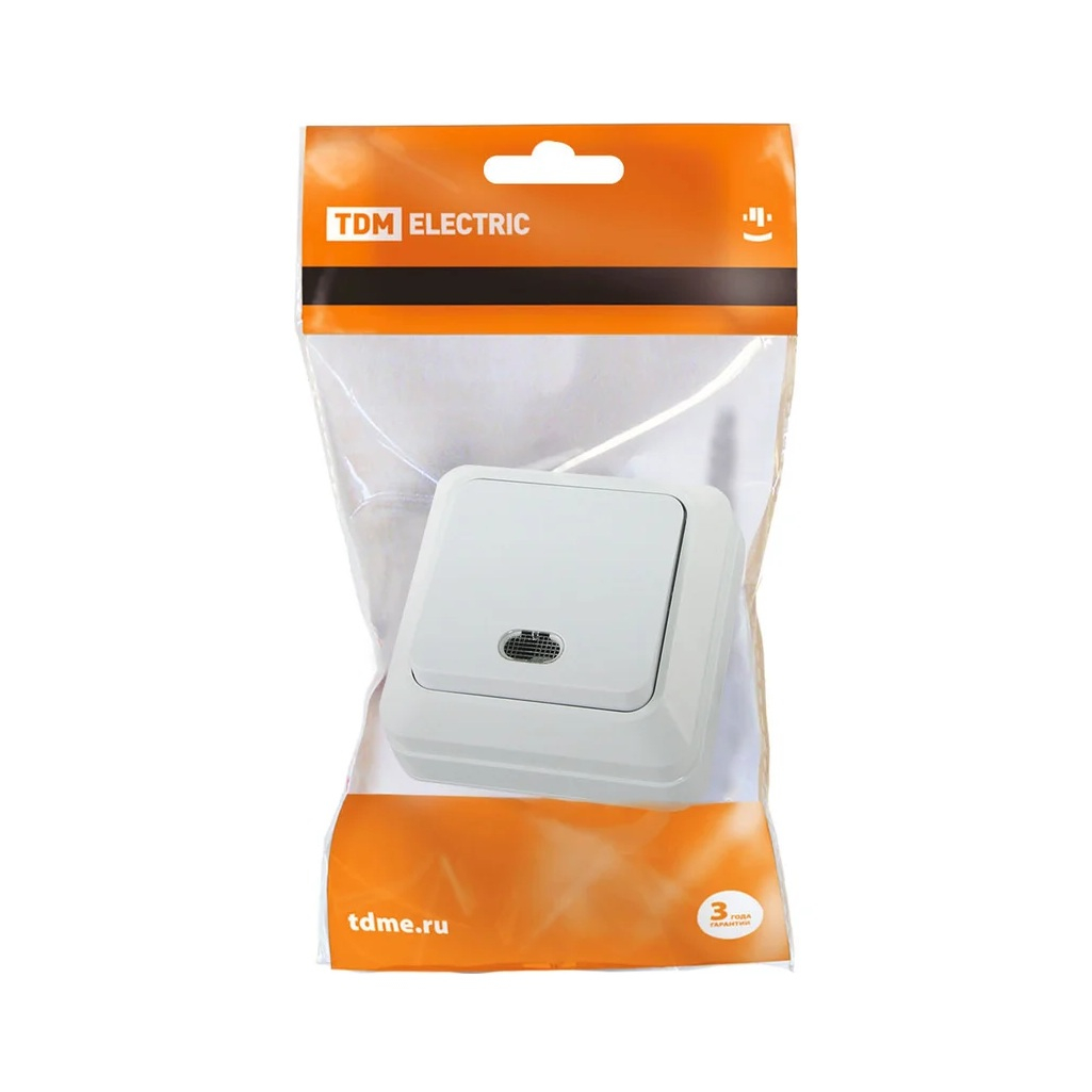 Выключатель одноклавишный с подсветкой TDM Electric Ладога SQ1801-0009 накладной,  белый