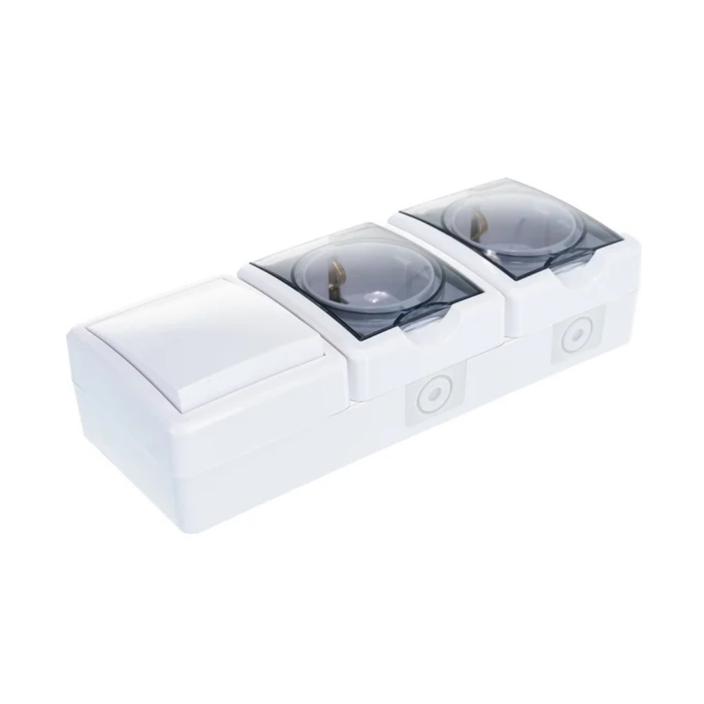 Блок 2 розетки и выключатель Эра Эксперт 11-7403-01, Б0027673, IP54, 16A, 3 поста, белый, накладной, с крышкой