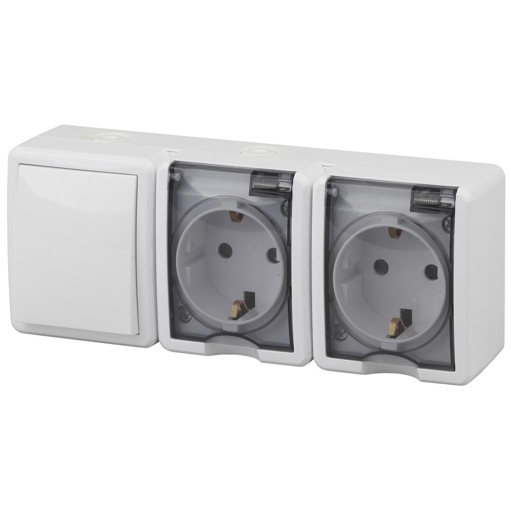 Блок 2 розетки и выключатель Эра Эксперт 11-7403-01, Б0027673, IP54, 16A, 3 поста, белый, накладной, с крышкой