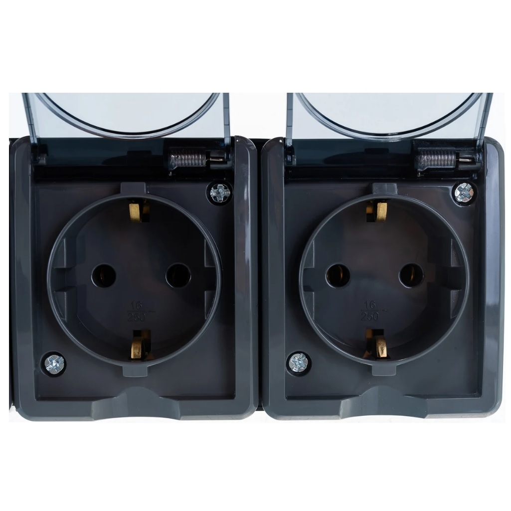 Блок 2 розетки и выключатель Эра Эксперт 11-7403-03, Б0027674, IP54, 16A, 3 поста, серый, накладной, с крышкой