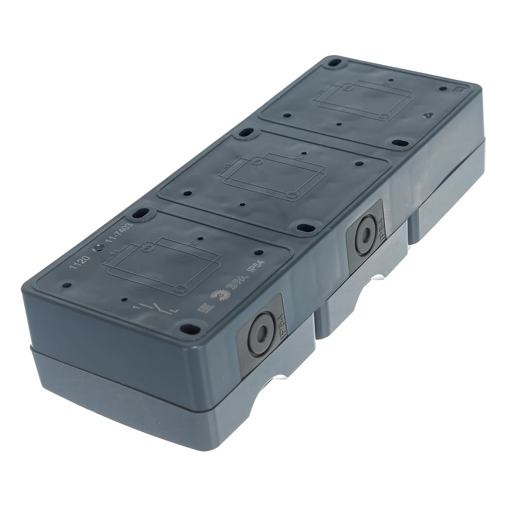 Блок 2 розетки и выключатель Эра Эксперт 11-7403-03, Б0027674, IP54, 16A, 3 поста, серый, накладной, с крышкой