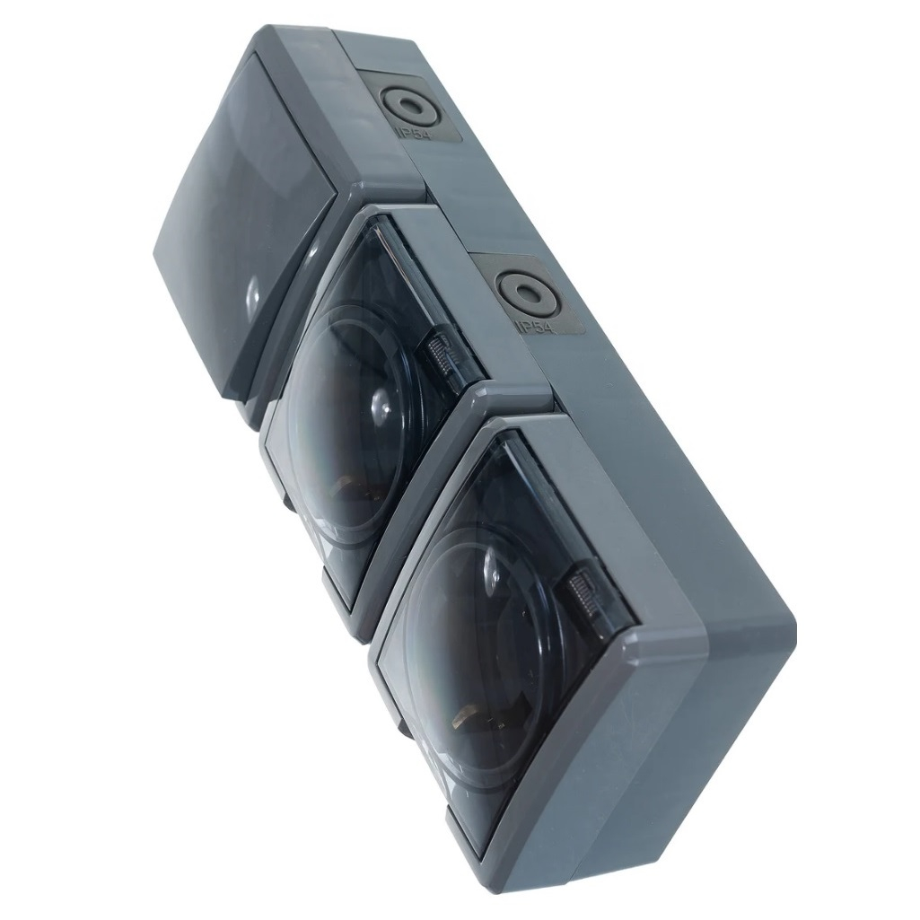 Блок 2 розетки и выключатель Эра Эксперт 11-7403-03, Б0027674, IP54, 16A, 3 поста, серый, накладной, с крышкой