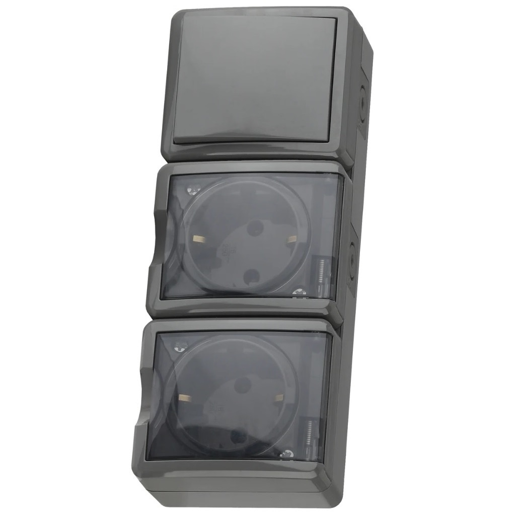 Блок 2 розетки и выключатель Эра Эксперт 11-7403-03, Б0027674, IP54, 16A, 3 поста, серый, накладной, с крышкой