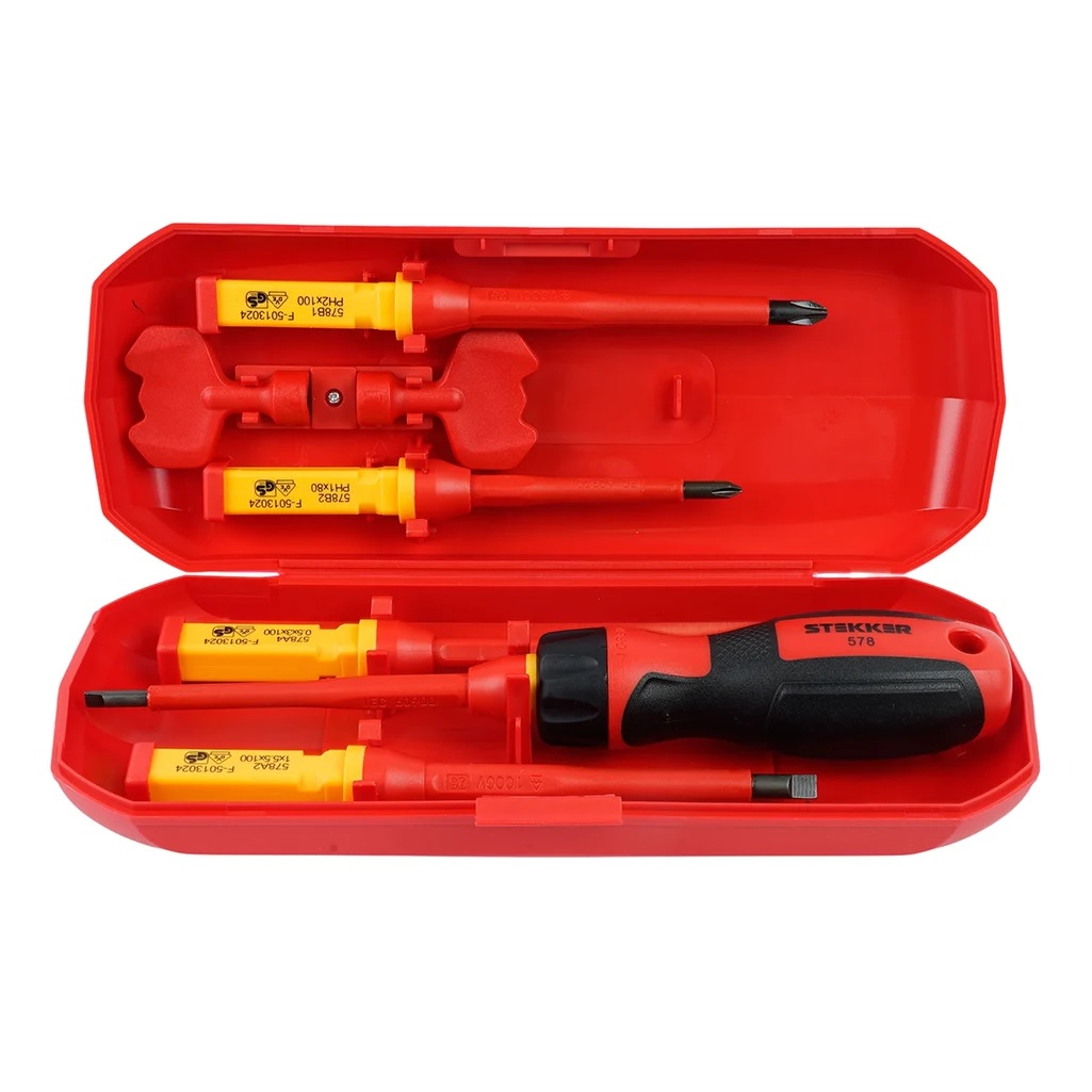 Отвертка диэлектрическая Stekker STLS005 VDE 50409, со сменными битами, до 1000 В, 8 предметов