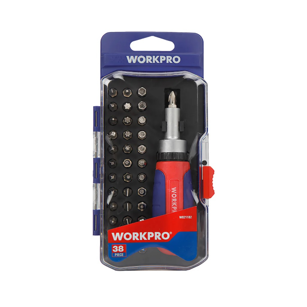 Отвертка с трещоткой Workpro WP200517, эргономичная рукоятка, 38 предметов