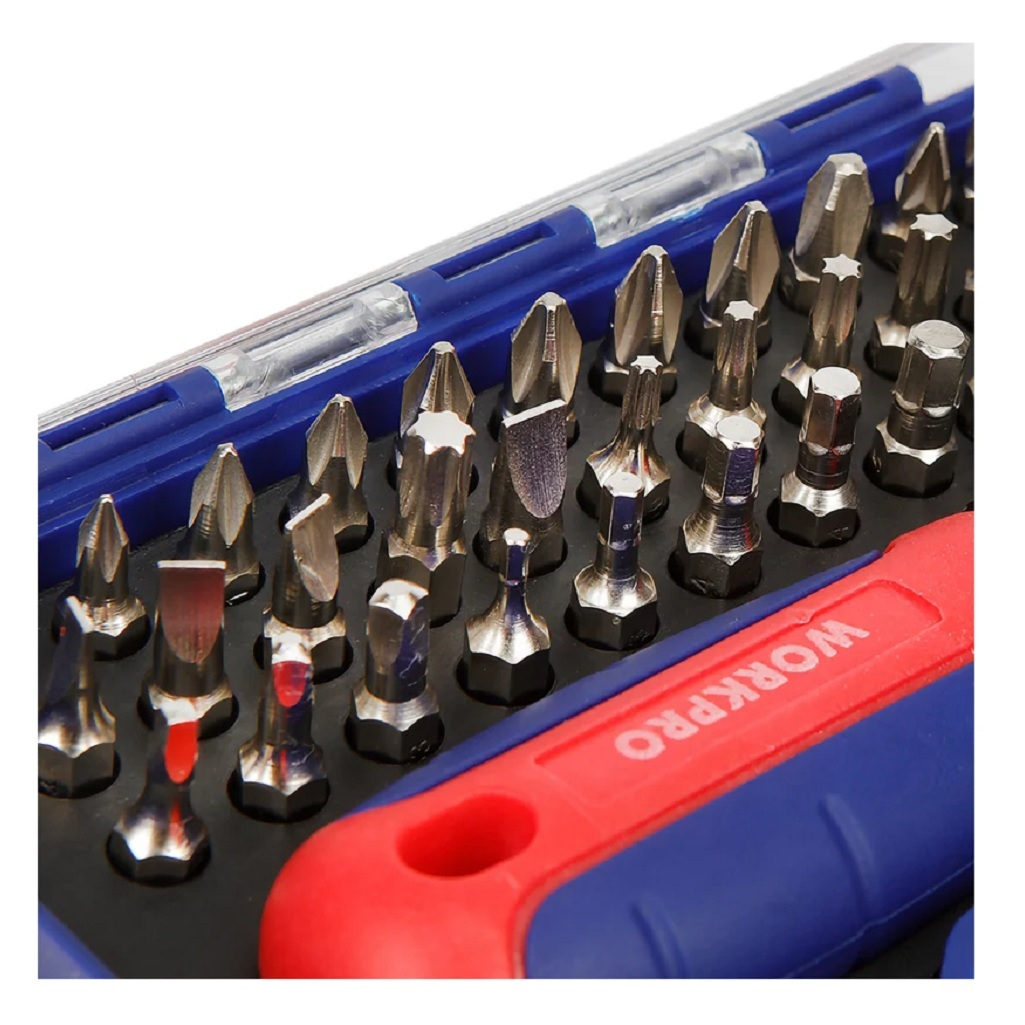 Отвертка с трещоткой Workpro WP200517, эргономичная рукоятка, 38 предметов