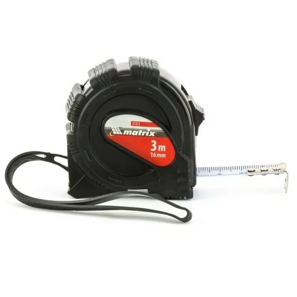 Рулетка Matrix Black 31013, 3 м х 16 мм, обрезиненный корпус, лента с эмалевым покрытием