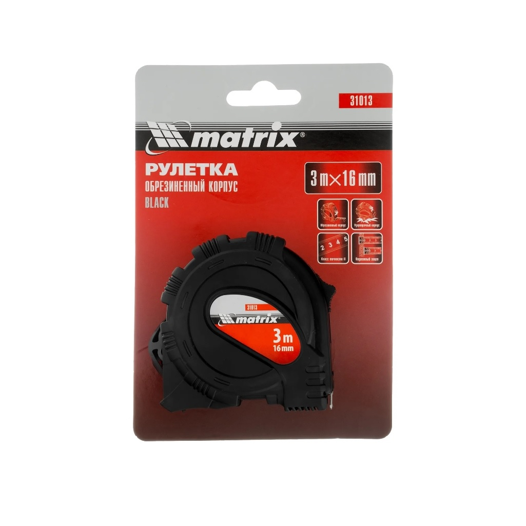 Рулетка Matrix Black 31013, 3 м х 16 мм, обрезиненный корпус, лента с эмалевым покрытием