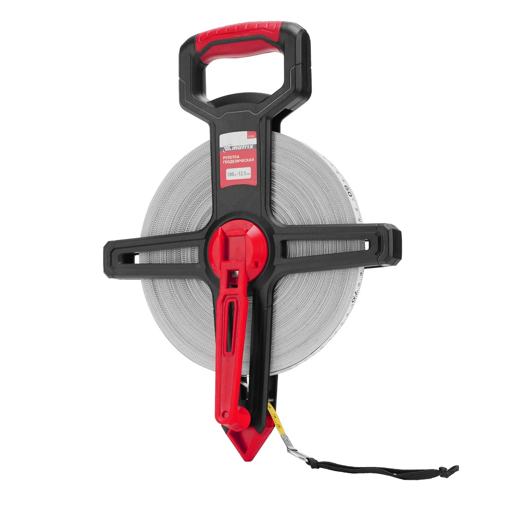Рулетка геодезическая Matrix 31432, двусторонняя шкала, фиберглассовая лента, 12.5 мм х 100 м