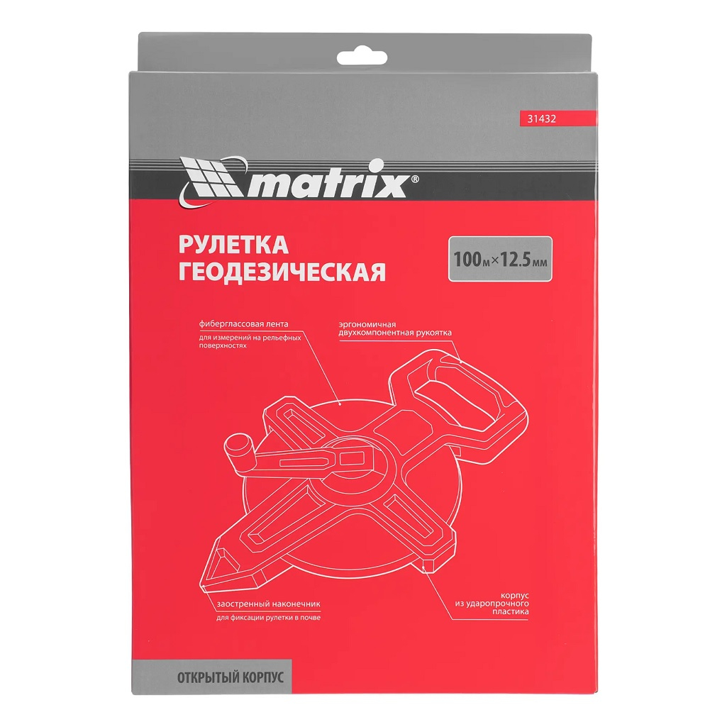 Рулетка геодезическая Matrix 31432, двусторонняя шкала, фиберглассовая лента, 12.5 мм х 100 м
