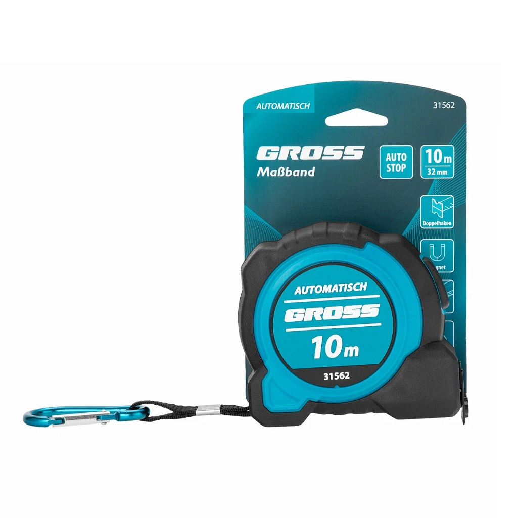 Рулетка Gross Automatisch 31562, магнитный зацеп, карабин для крепления, 10 м х 32 мм