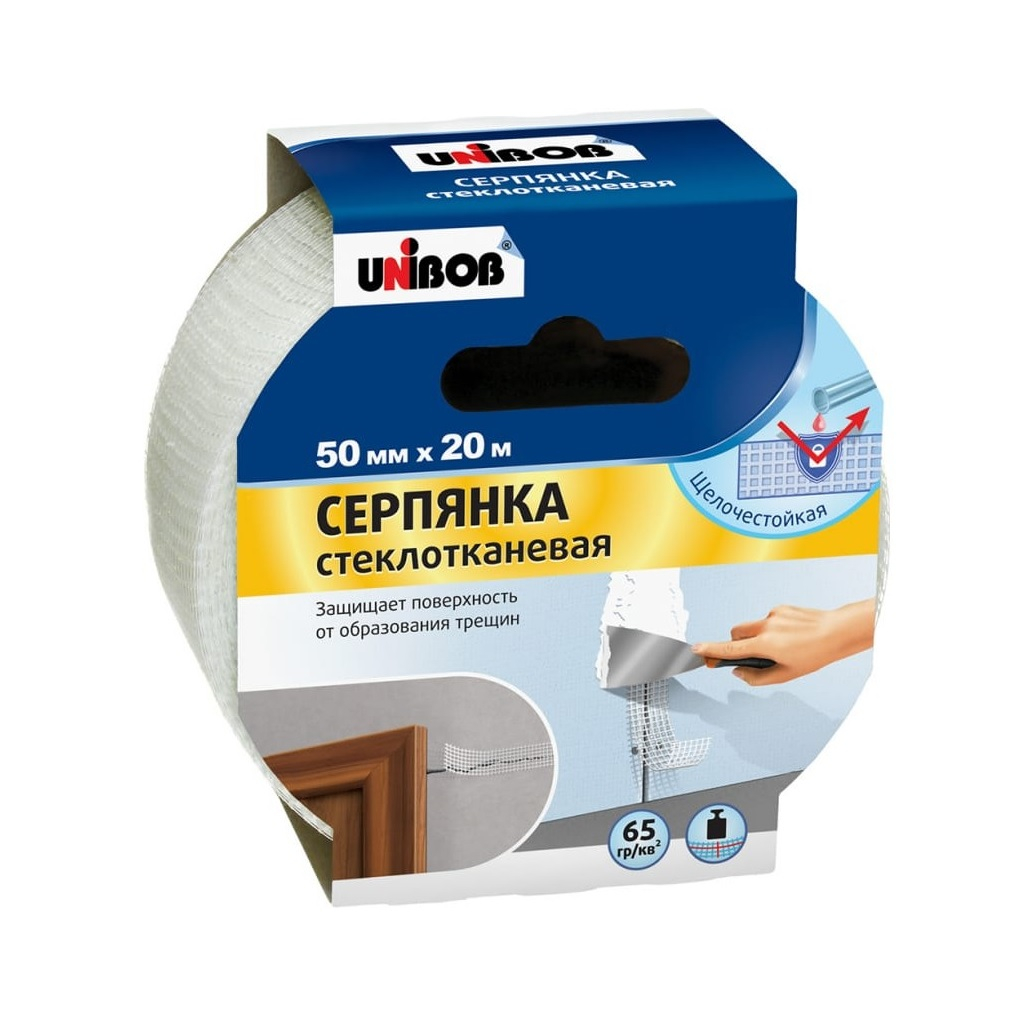 Лента стеклотканевая Unibob 51459, самоклеящаяся Серпянка, ширина 50 мм, длина 20 м, цвет белый