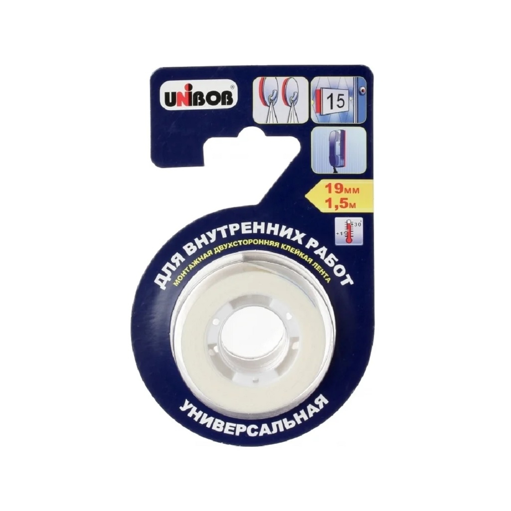 Лента клейкая Unibob, двусторонняя, вспененная, для внутренних работ, 19 мм х 1.5 м