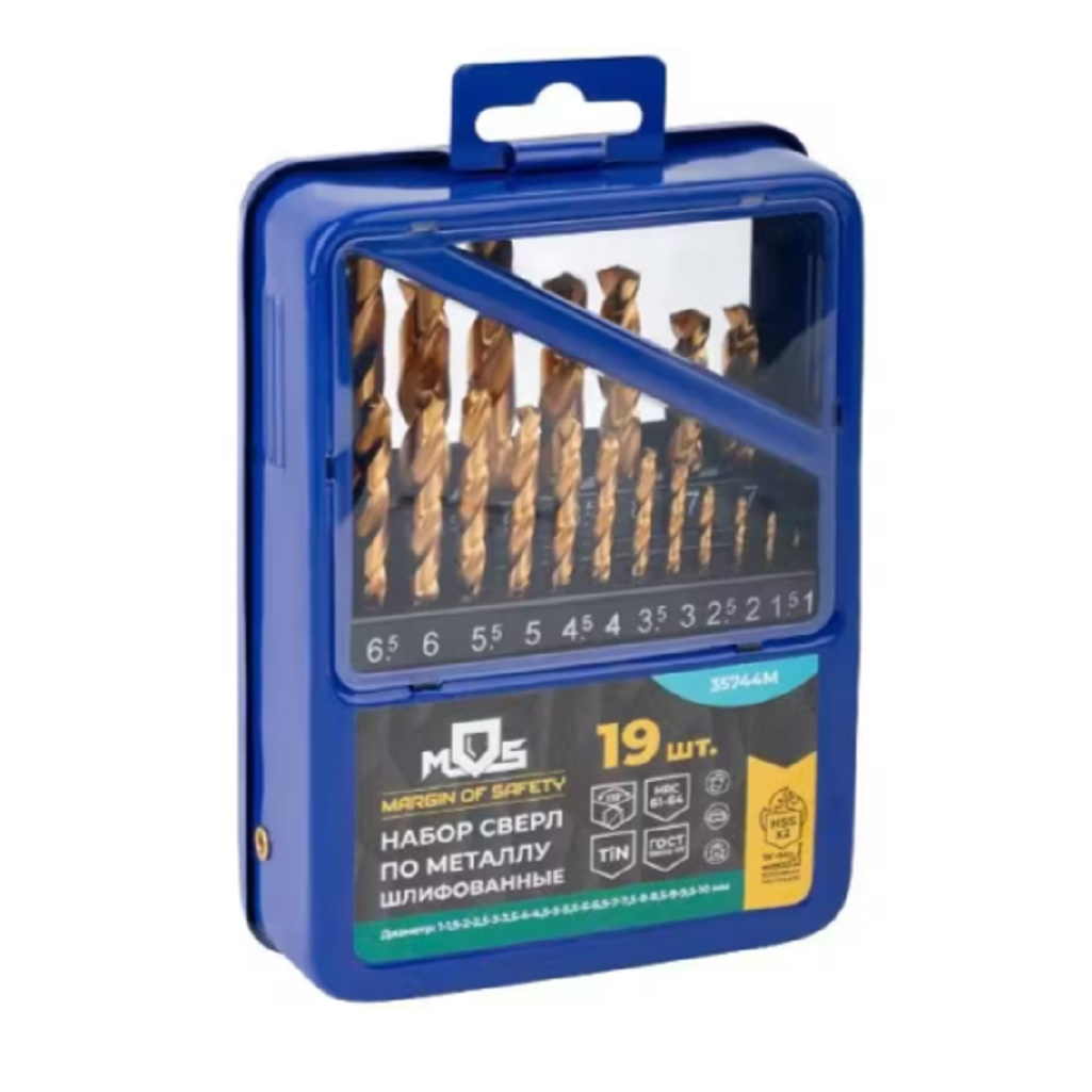 Набор сверл по металлу Mos 35744М, HSS, металлический бокс, в упаковке 19 штук