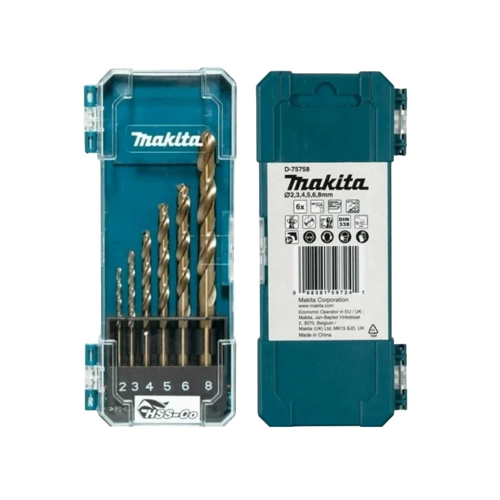 Набор сверл по металлу Makita D-75758, спиральные, цилиндрический хвостовик, пластиковый бокс с подвесом, 6 штук