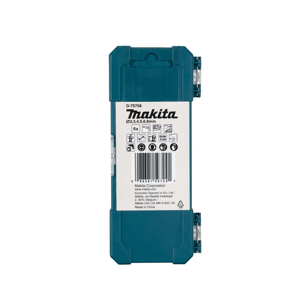 Набор сверл по металлу Makita D-75758, спиральные, цилиндрический хвостовик, пластиковый бокс с подвесом, 6 штук