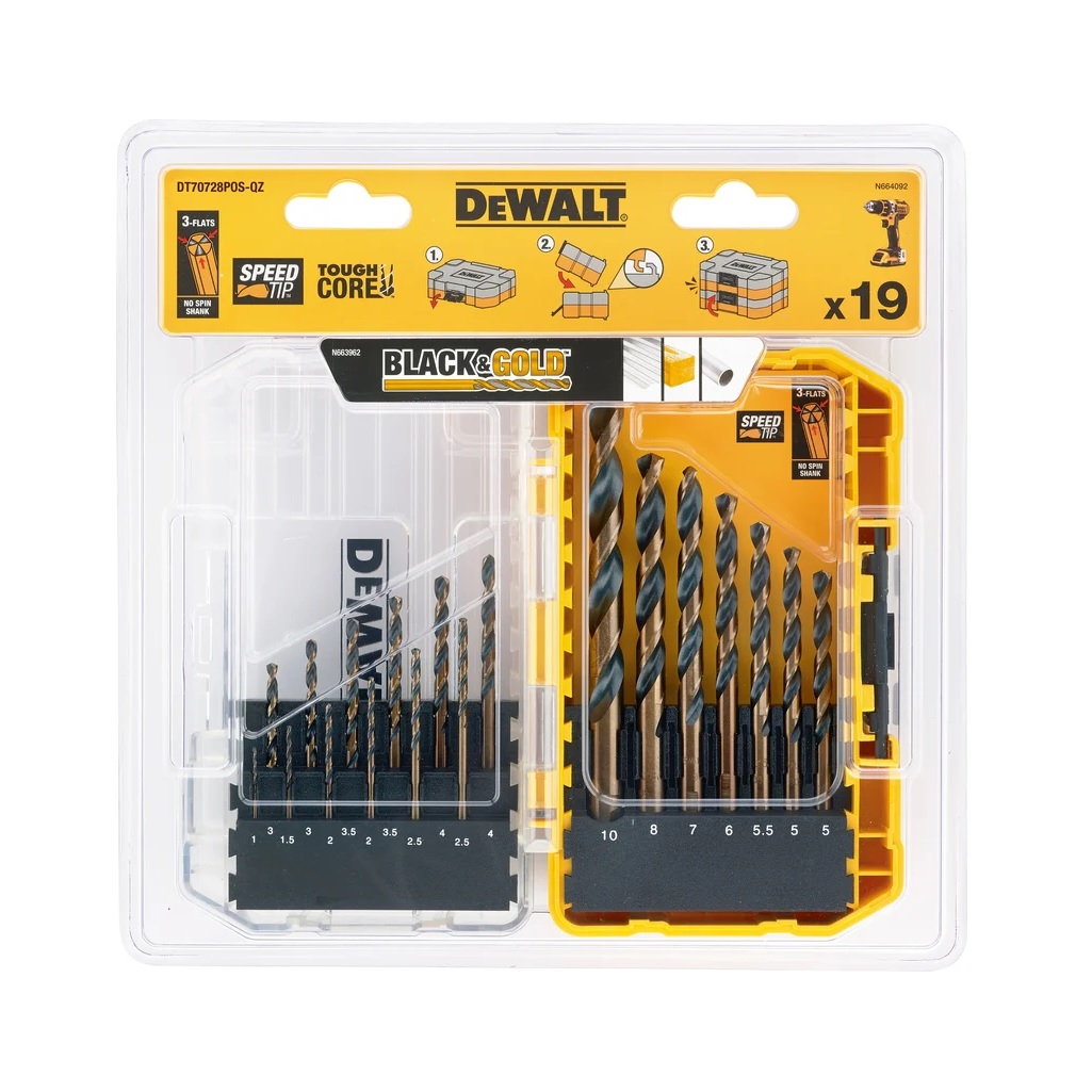Набор сверл по металлу DeWalt BLACK&GOLD DT70728POS-QZ, спиральные, трехгранный хвостовик, в упаковке 19 штук