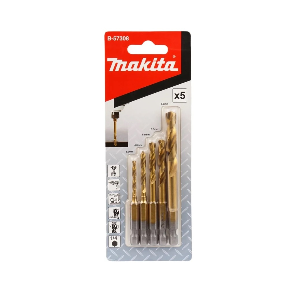 Набор сверл по металлу Makita B-57308, спиральные, шестигранный хвостовик, для ударного сверления, в упаковке 5 штук