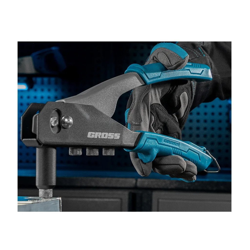 Заклепочник Gross 40415, ручной, вытяжные заклепки, сталь, алюминий, насадки 2.4, 3.2, 4.0, 4.8 мм