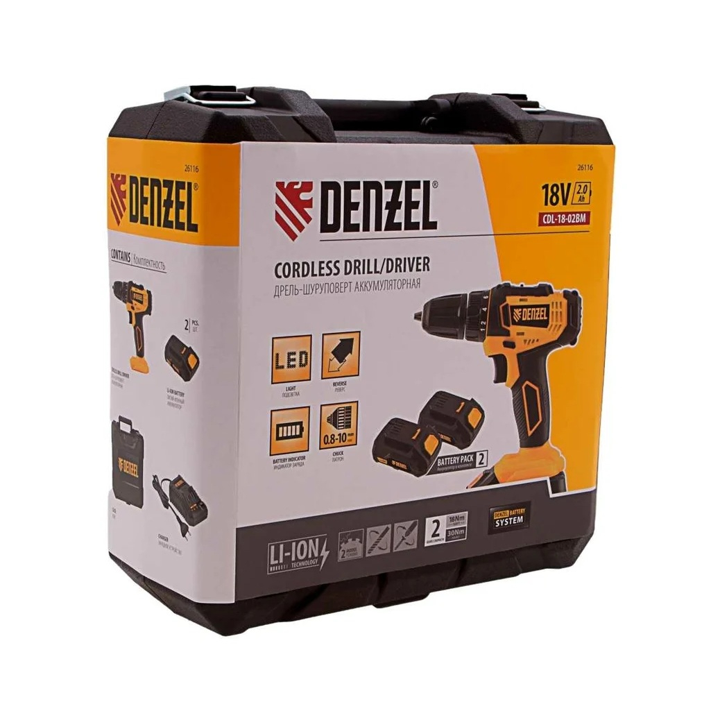 Дрель-шуруповерт аккумуляторная Denzel CDL-18-02BM, 18 В, 30 Нм, 2 акк.+з.у