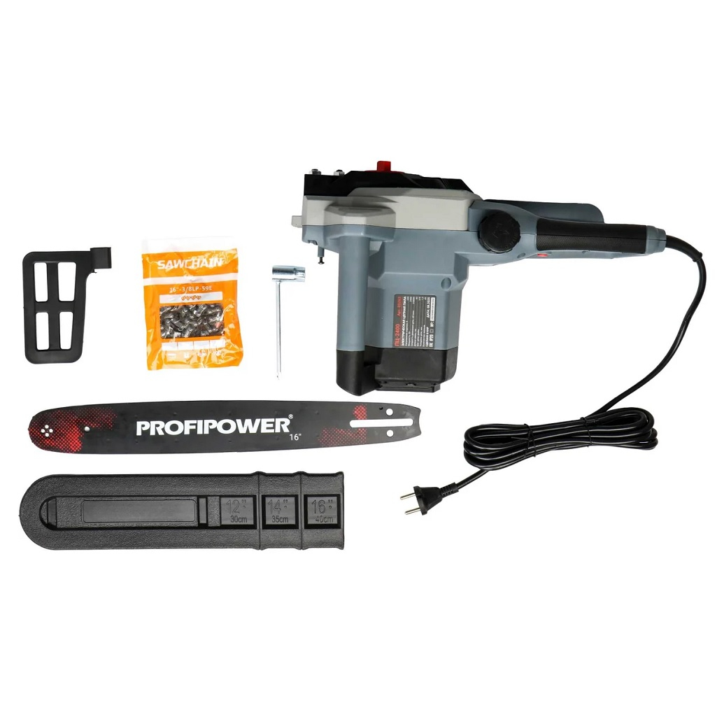 Пила цепная Profipower ПЦ-2400, E0263, сетевая, 16 дюймов, 59 звеньев, 2400 Вт