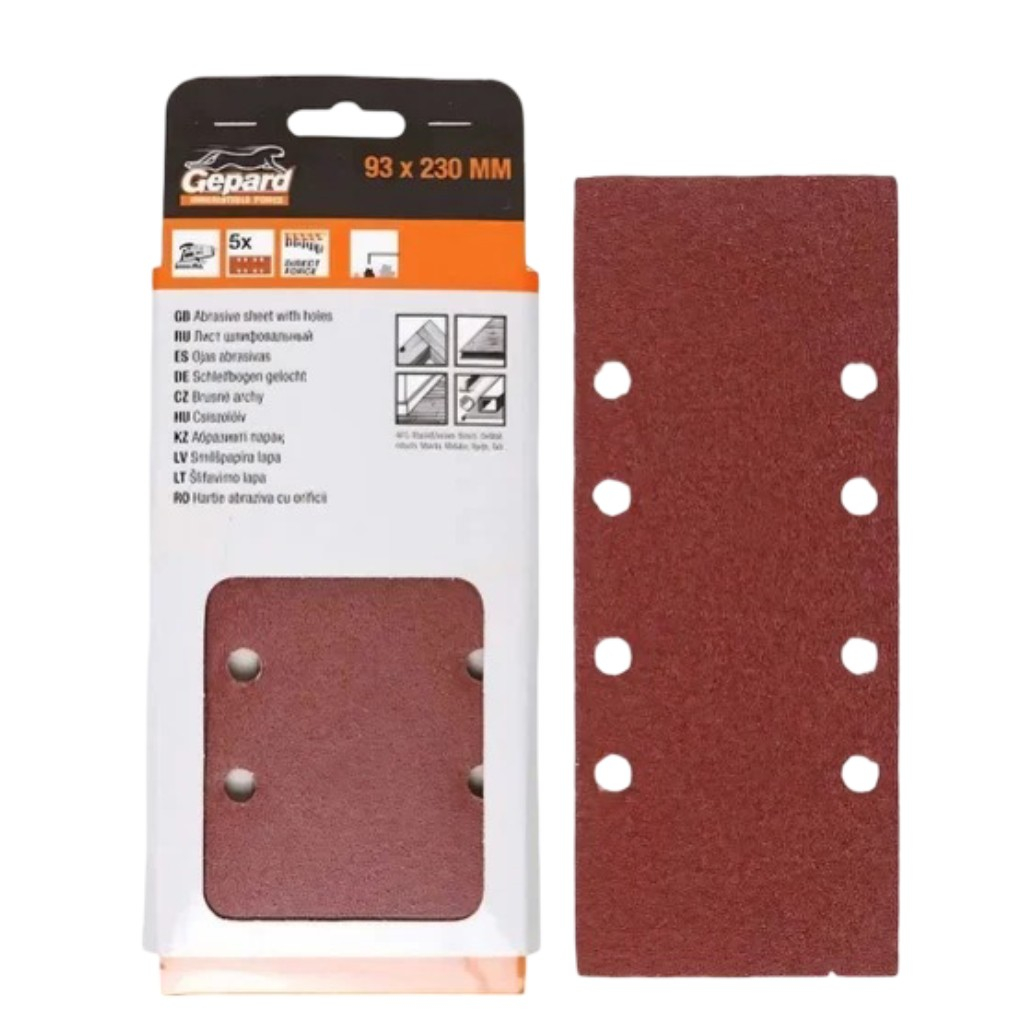 Лист шлифовальный Gepard GP5004-40, перфорированный, размер 93х230 мм, самоцепляющийся, Р40, в упаковке 5 шт