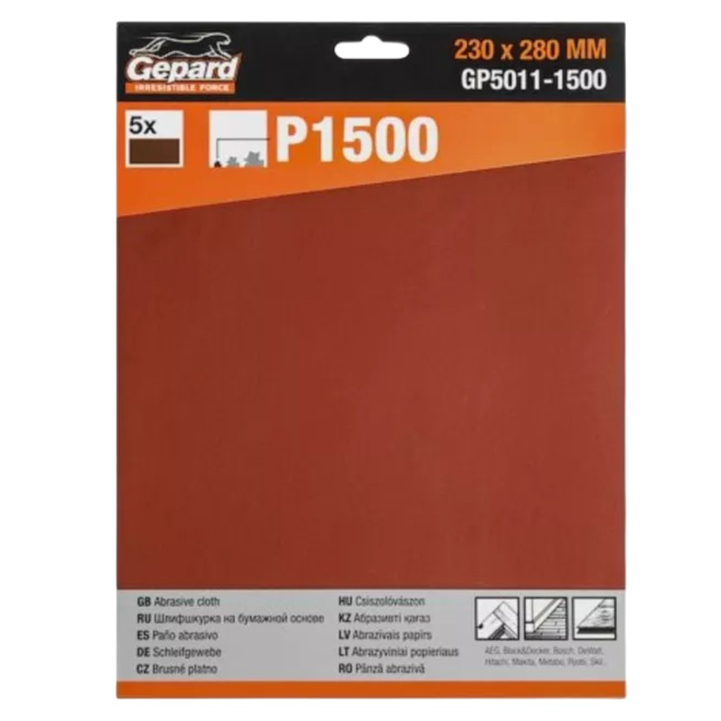 Лист шлифовальный Gepard GP5011-1500, водостойкий, размер 230х280 мм, Р1500, в упаковке 5 шт