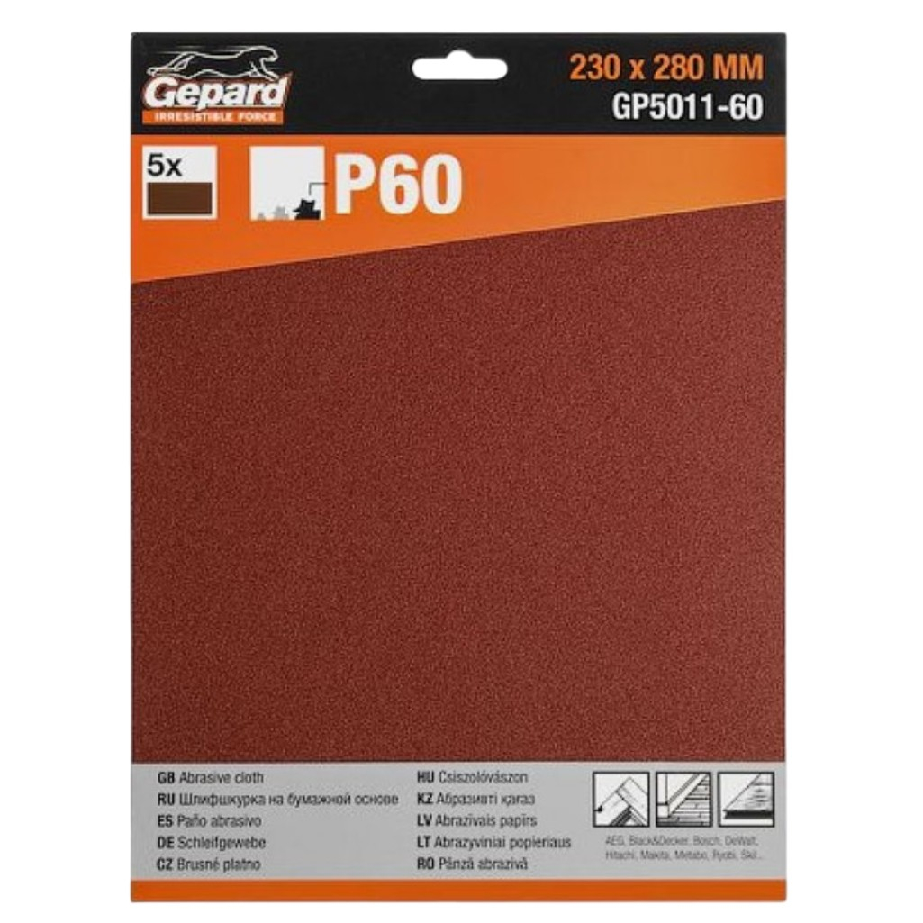 Лист шлифовальный Gepard GP5011-60, водостойкий, размер 230х280 мм, Р60, в упаковке 5 шт