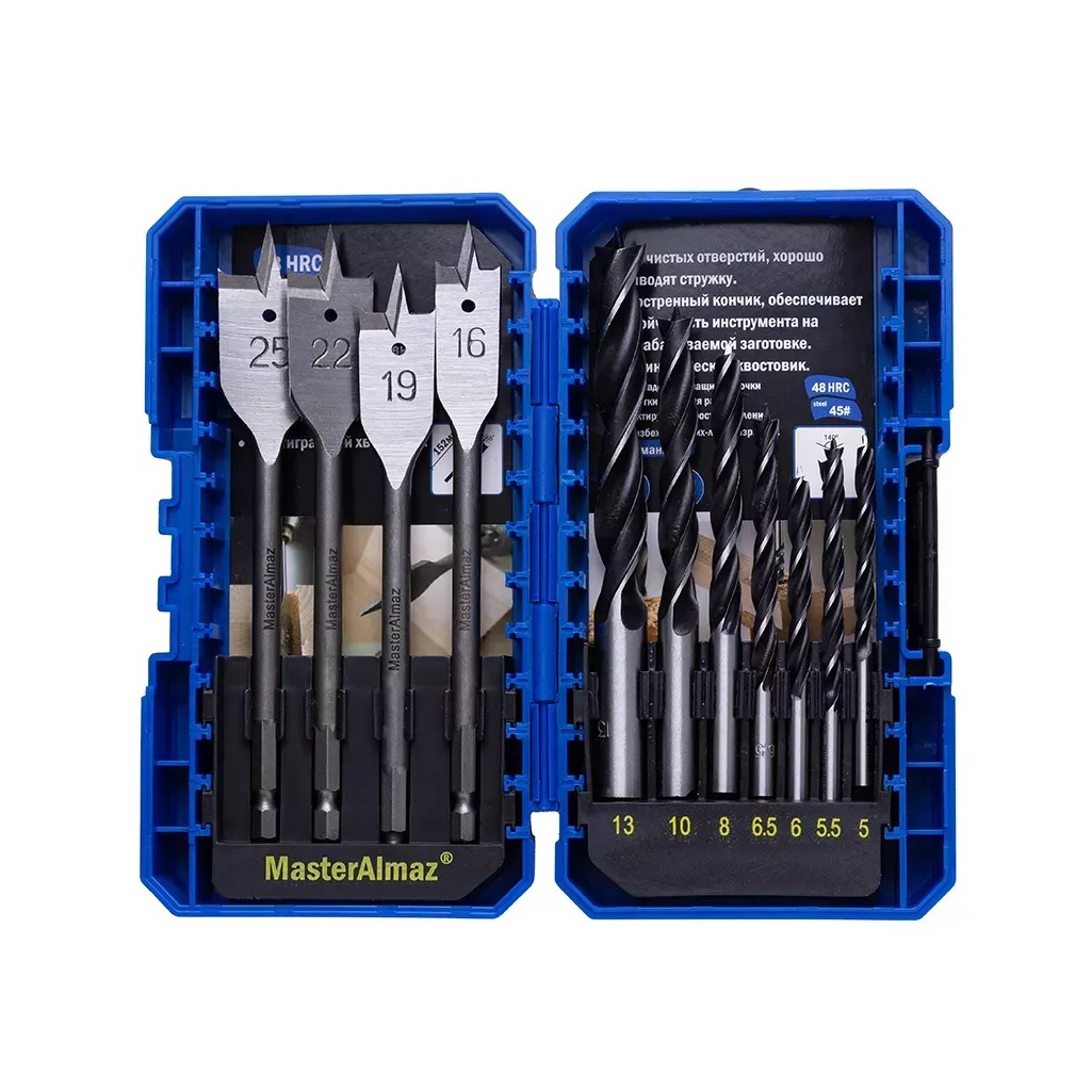 Набор спиральных и перовых сверл по дереву МастерАлмаз 10507812, 11 штук, диаметр 5-25 мм, хвостовик 13 мм