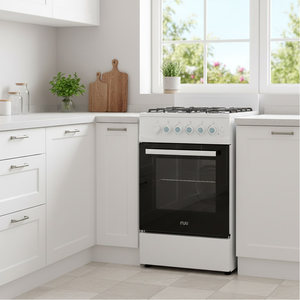 Плита газовая MIU Harisma 526 LUX, УТ-00002918, цвет белый, объем духовки 55 л, откидная дверца