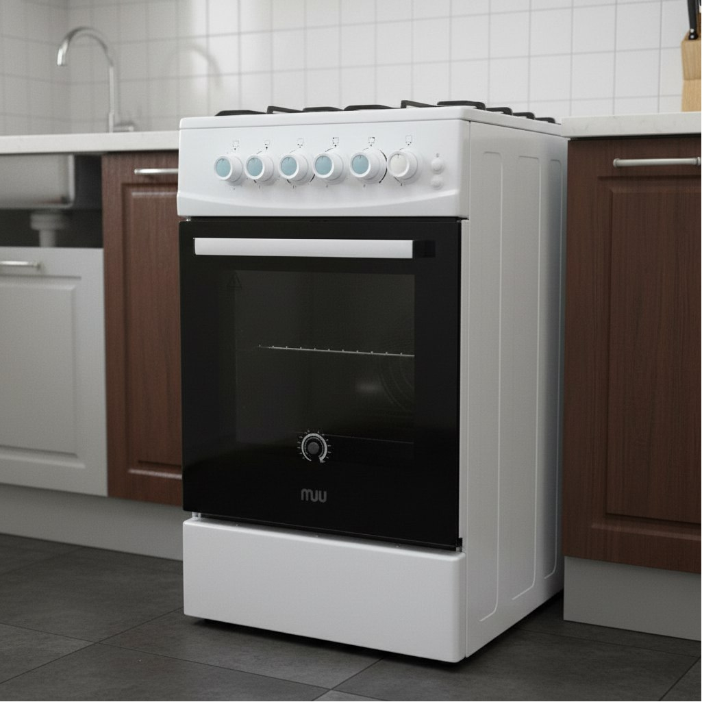 Плита газовая MIU Harisma 526 LUX, УТ-00002918, цвет белый, объем духовки 55 л, откидная дверца