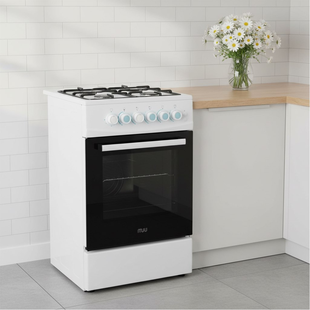 Плита газовая MIU Harisma 526 LUX, УТ-00002918, цвет белый, объем духовки 55 л, откидная дверца