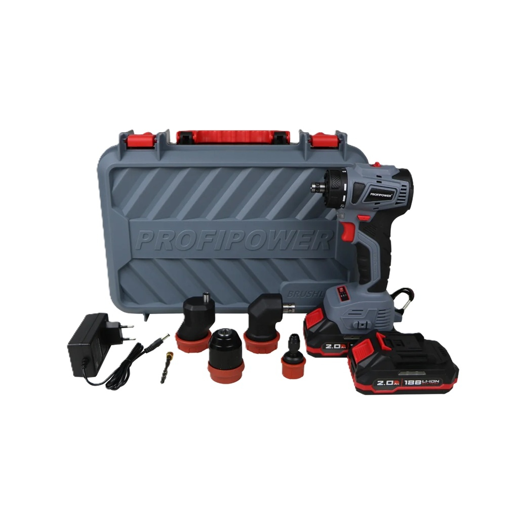 Шуруповерт аккумуляторный Profipower MKBL-18BM, 4 насадки, бесщеточный, 18 В, 2 акк. х 2.0 Ah+з.у.