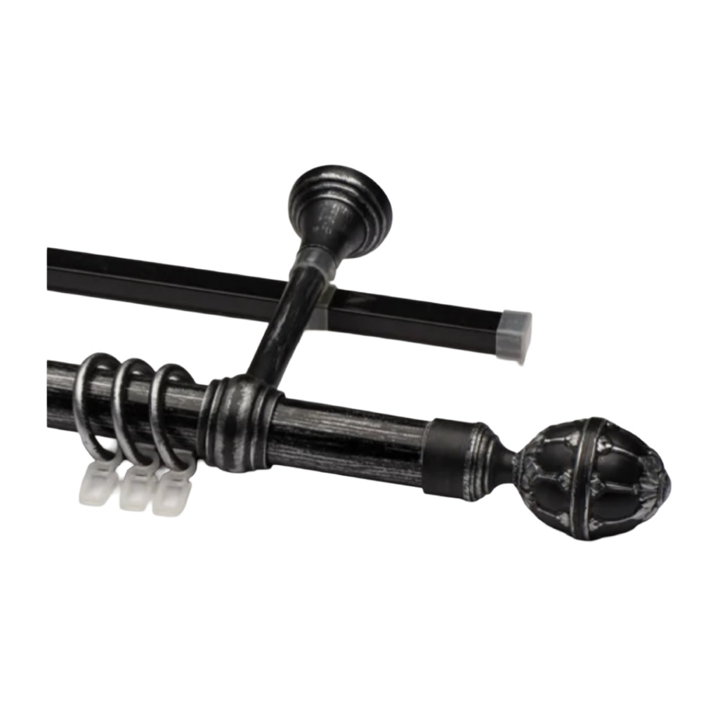 Карниз двухрядный круглый Венеция, Черненое серебро, 2.4 м, настенный, металл, крепеж, крючки