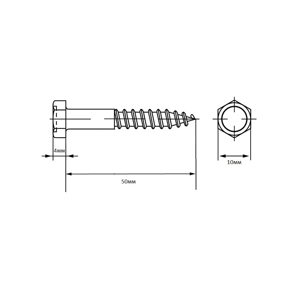 Саморез глухарь 6х50 мм, М6, сантехнический, внешний шестигранник, оцинкованная сталь