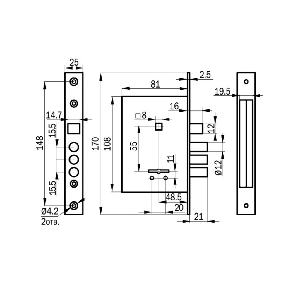 Замок врезной Бордер ПроСам 74500-ЗВ9-8/13, СП1.НР-002.Ш, УЗ, сувальдный, 3 ключа