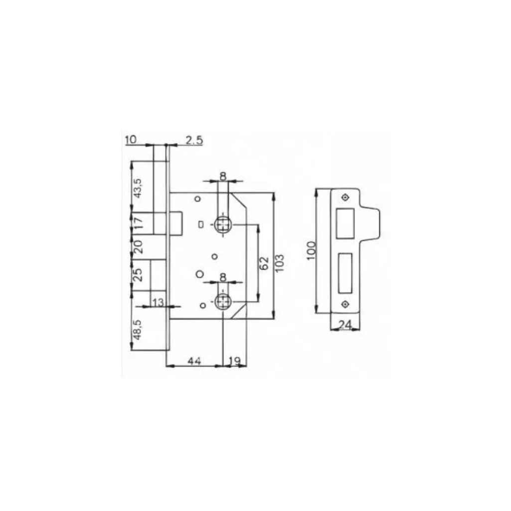 Замок врезной Maxi Locks 504W-60.5 мм, с фиксатором, PB, полированная латунь